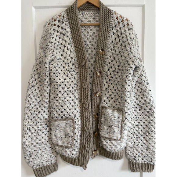 Handmade Sweaters - Handmade Crochet Hexagon Cardigan Sweater Unisex M/L Granny Square Pockets Boho